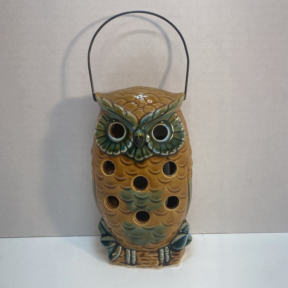 Vintage Ceramic Owl Votive Candle Holder Hanging Lantern Tea Light Japan Brown
